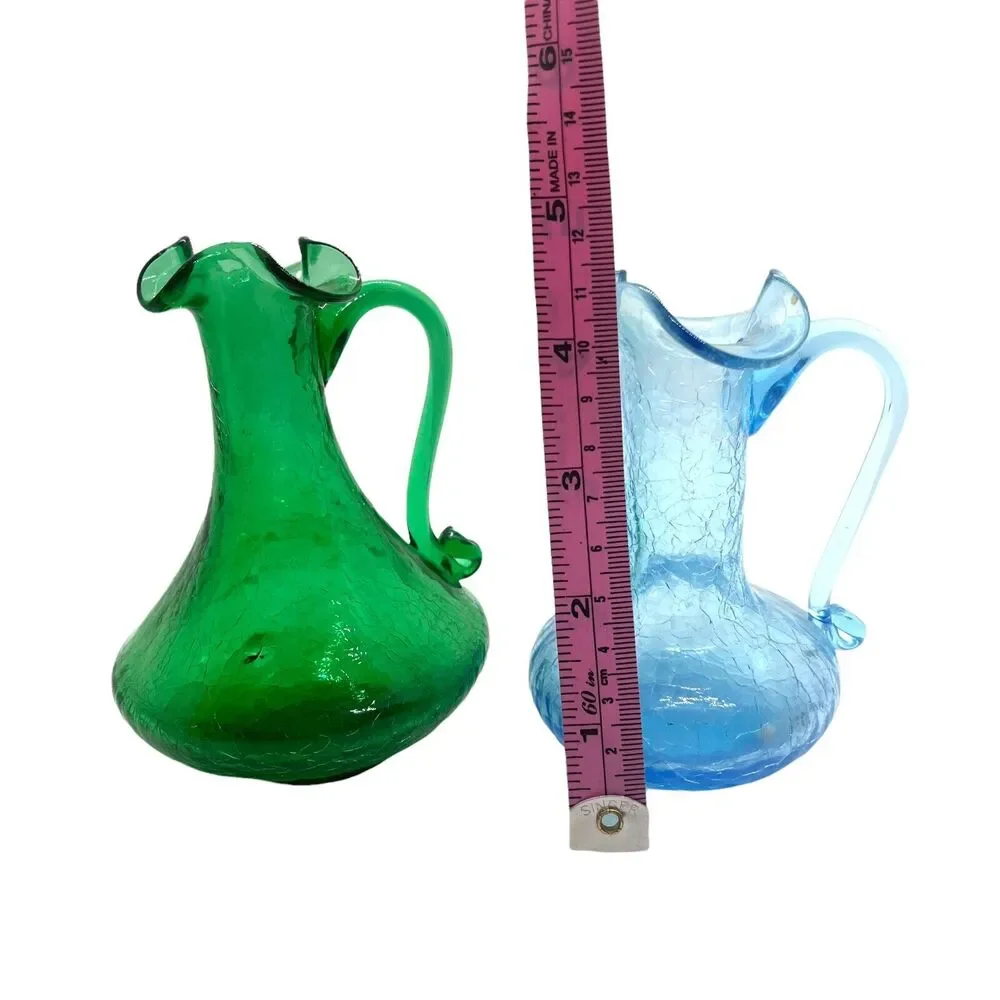 Crackle Glass Vases Pitchers Vintage Blue Green Ruffled Edge Handheld Set Of 2 - Picture 12 of 16